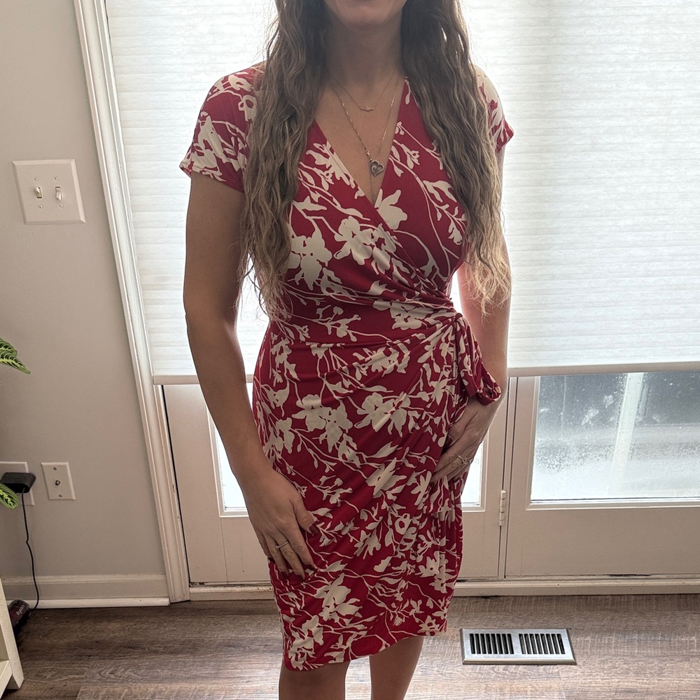 Maggy London Crimson and Ivory Floral Wrap Midi Dress
